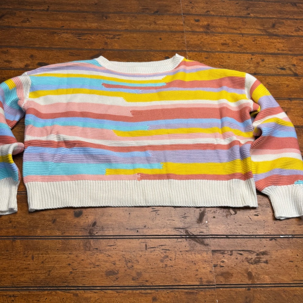 Hyfve Womens Large Multicolor Striped Knit Sweater Crewneck Drop Shoulder Pastel